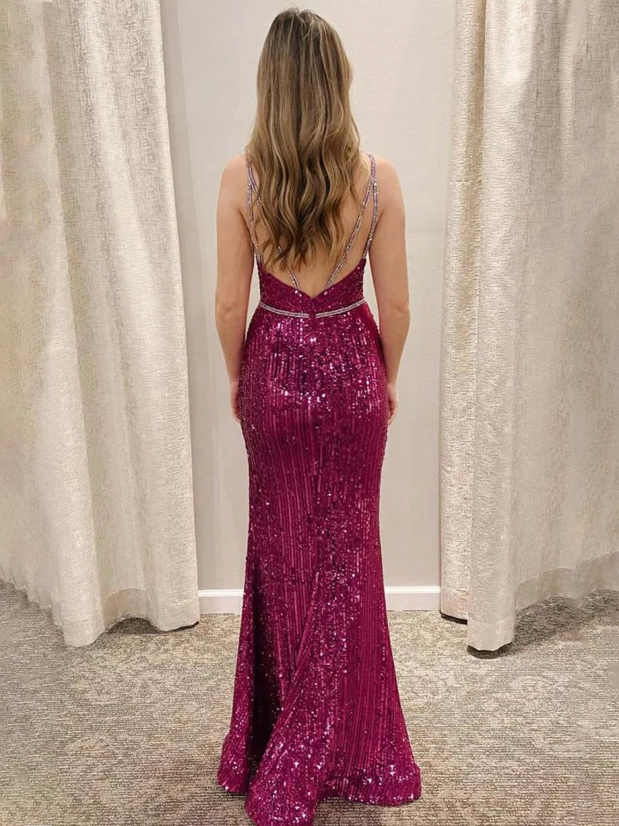 Simple Mermaid V-Neck Spaghetti Straps Sequined Long with Slit Floor Length Party Dresses Homecoming Dress Prom Dress