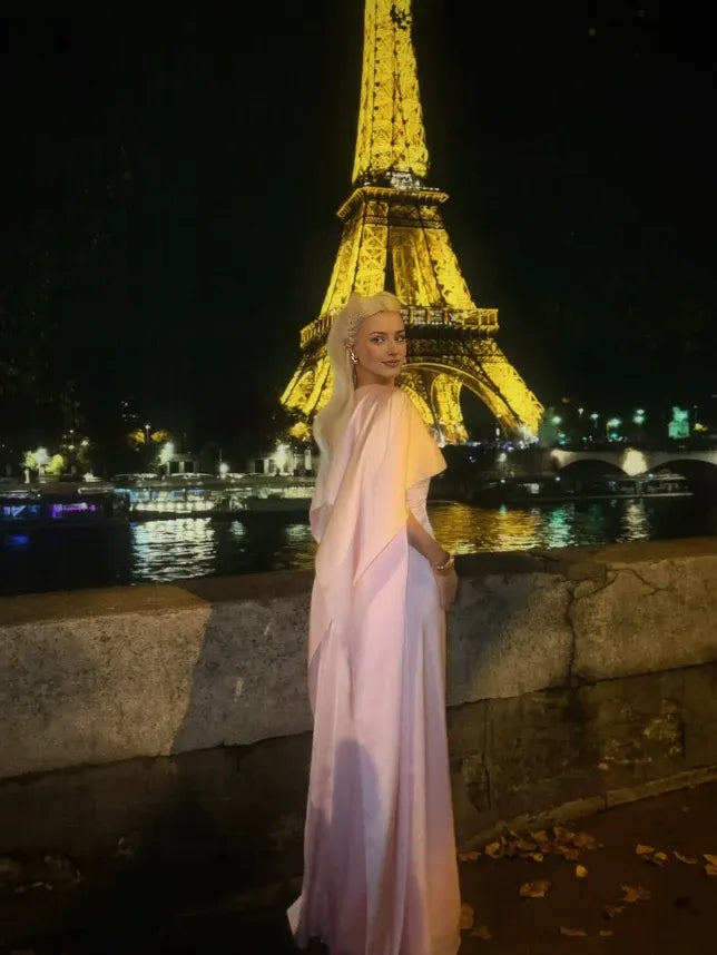 Simple Pink A Line Round Neck Satin Long Long Sleeves Floor length Prom Dress Cocktail Dress Homecoming Dress Evening Dress