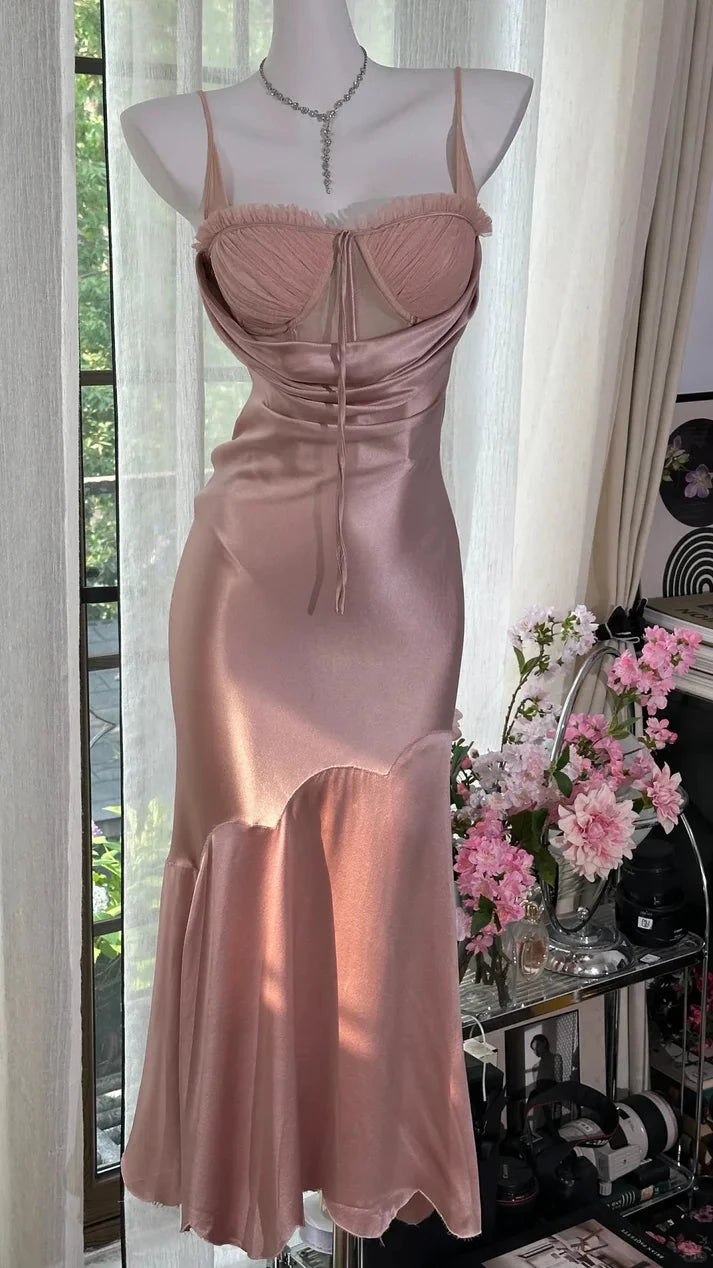 Simple Pink Mermaid Spaghetti Strap Satin Tulle Floor length Sleeveless Off-the-shoulder Prom Dress Cocktail Dress Homecoming Dress Evening Dress