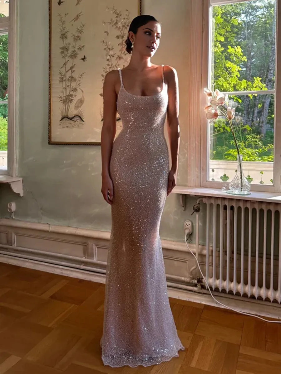 Simple Pink Mermaid Straps Sequin With Split Floor Length Sleeveless  Backless Party Dresses Homecoming Dress Prom Dress