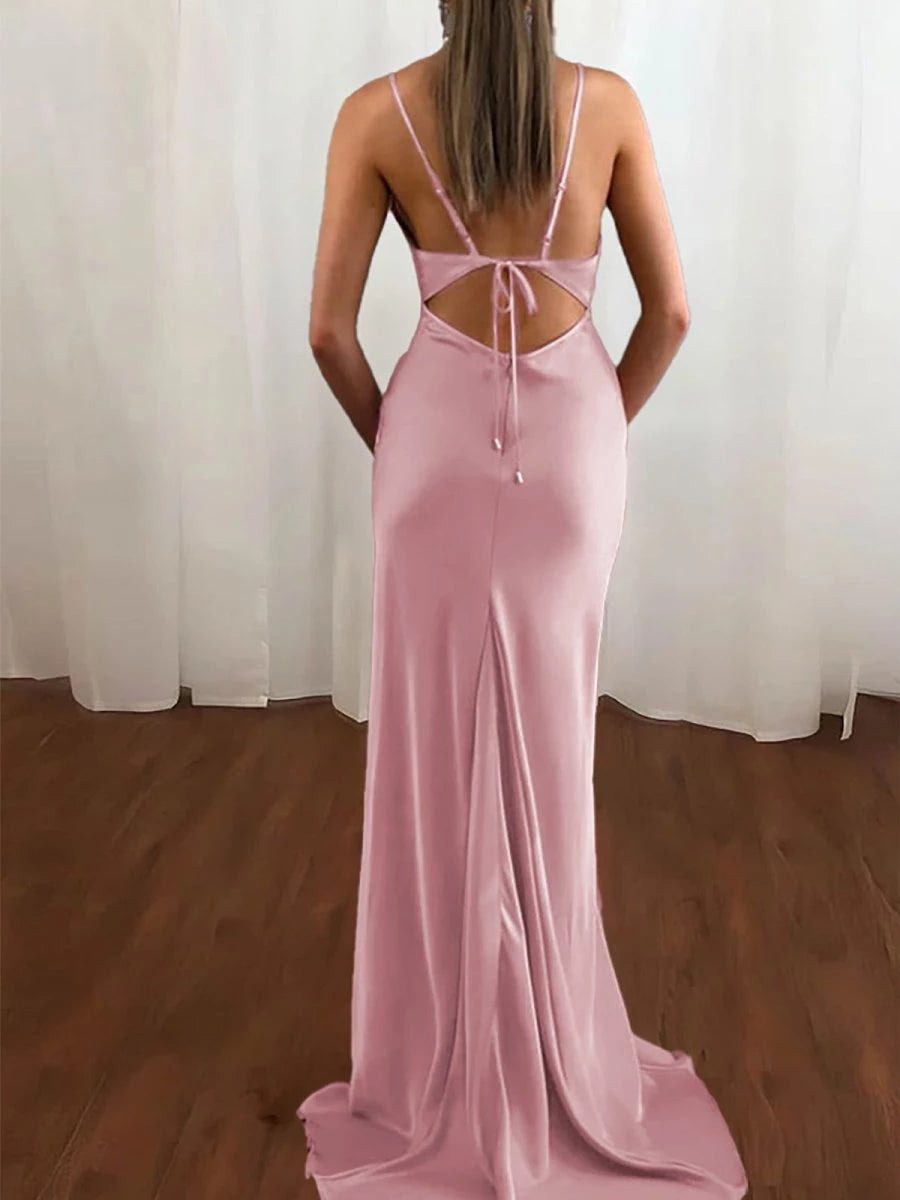 Simple Pink Spaghetti Straps Satin Backless Mermaid Sleeveless Lace-Up Party Dresses Homecoming Dress Prom Dress