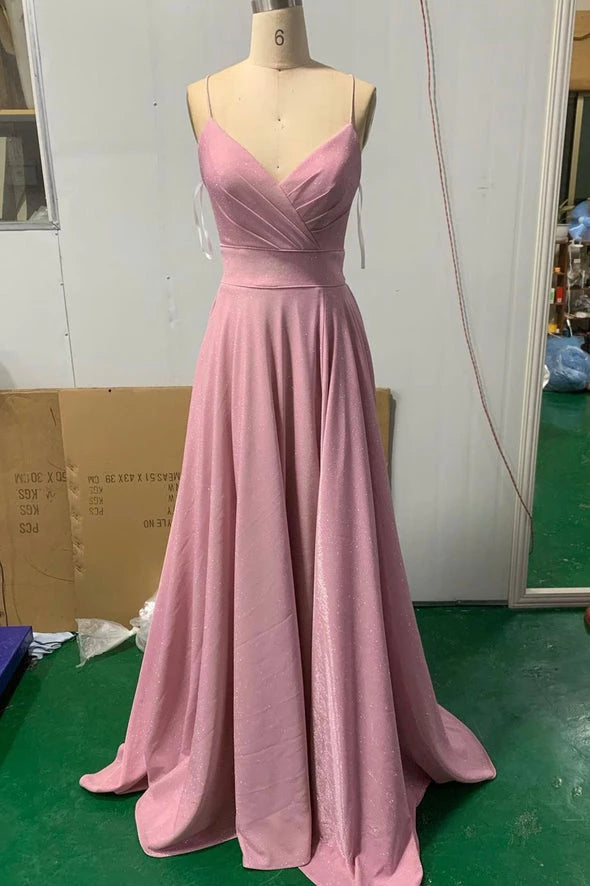 Simple Pink V-neck long prom dress A-line evening dress Party Dresses Homecoming Dresses Prom Dress