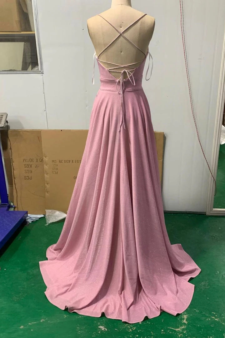 Simple Pink V-neck long prom dress A-line evening dress Party Dresses Homecoming Dresses Prom Dress