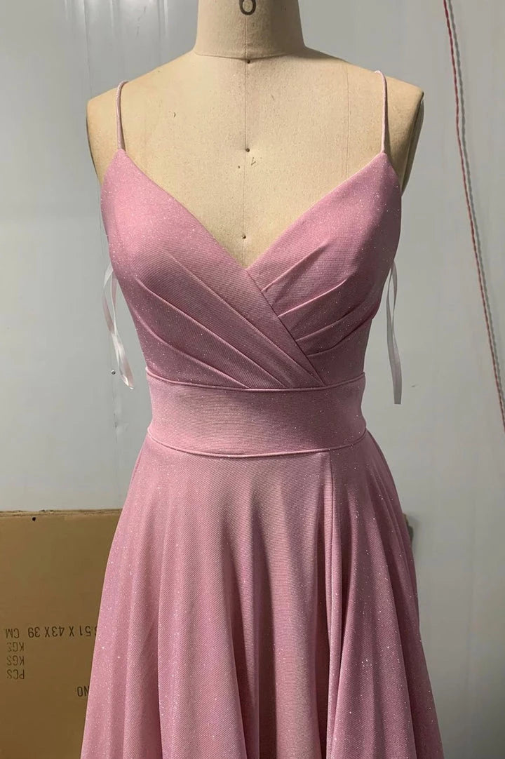 Simple Pink V-neck long prom dress A-line evening dress Party Dresses Homecoming Dresses Prom Dress