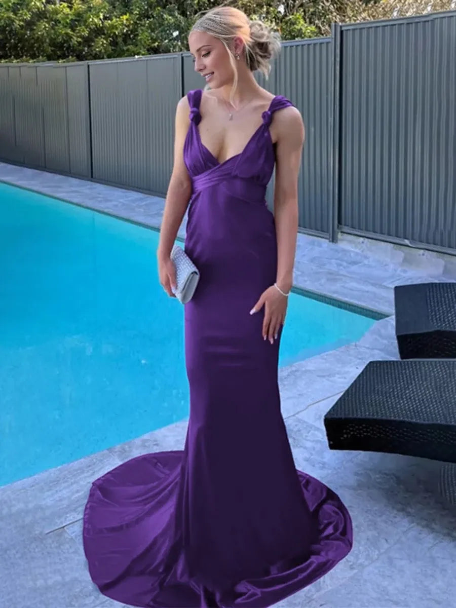Simple Purple Mermaid Straps Satin Pleated Long with Train Evening Dresses Evening Dresses Prom Dress