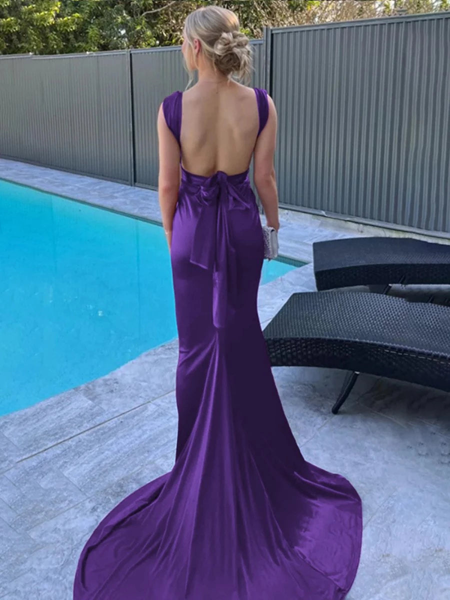 Simple Purple Mermaid Straps Satin Pleated Long with Train Evening Dresses Evening Dresses Prom Dress