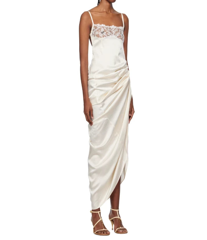 Simple Sheath Spaghetti Straps Pleated Lace Satin Open Back Floor length Wedding Dress Prom Dress Cocktail Dress Homecoming Dress Evening Dress Party Dress