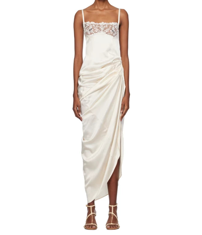 Simple Sheath Spaghetti Straps Pleated Lace Satin Open Back Floor length Wedding Dress Prom Dress Cocktail Dress Homecoming Dress Evening Dress Party Dress