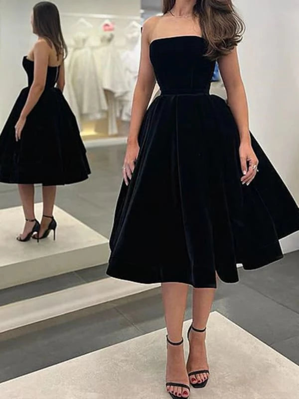 Simple Strapless Tea Length Black Velvet Prom Dresses Black Formal Evening Dresses Party Dresses Homecoming Dresses
