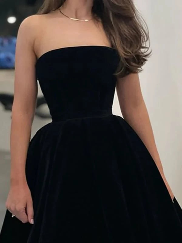 Simple Strapless Tea Length Black Velvet Prom Dresses Black Formal Evening Dresses Party Dresses Homecoming Dresses