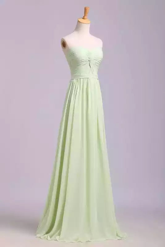 Simple Sweetheart Chiffon Floor Length Prom Dress Long Pleated Sleeveless Bridesmaid Dresses