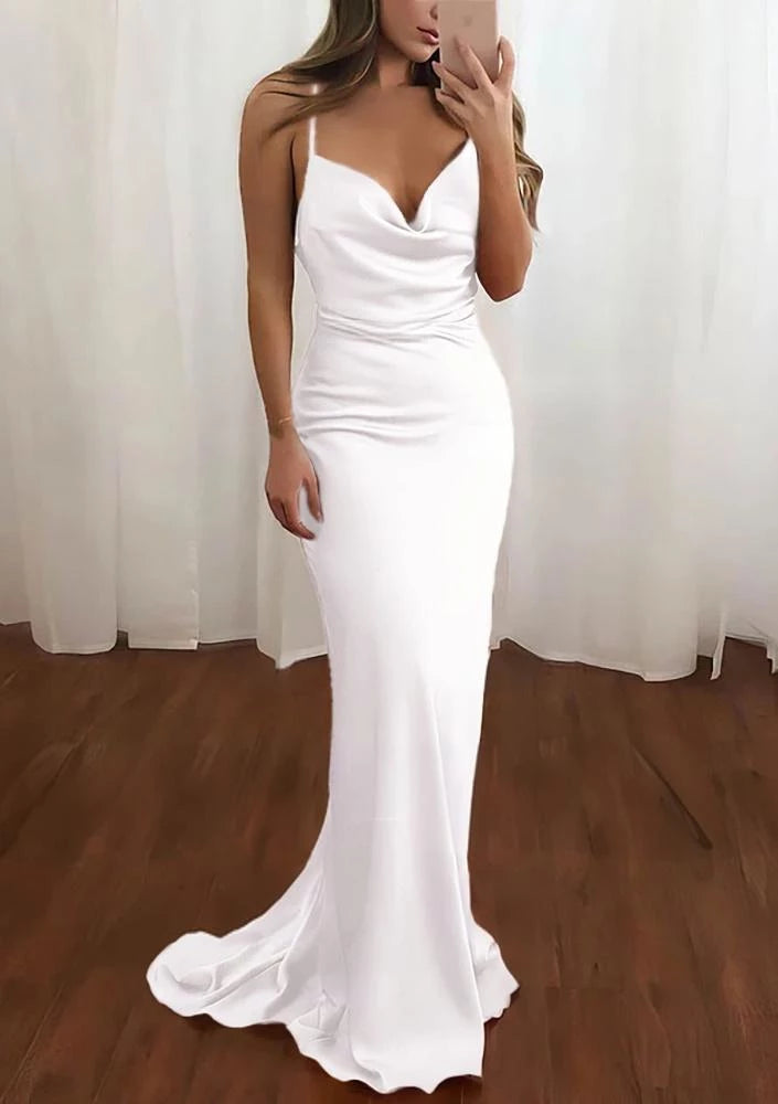 Simple White Spaghetti Straps Satin Backless Mermaid Sleeveless Lace-Up Party Dresses Homecoming Dress Prom Dress