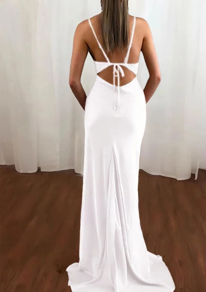 Simple White Spaghetti Straps Satin Backless Mermaid Sleeveless Lace-Up Party Dresses Homecoming Dress Prom Dress
