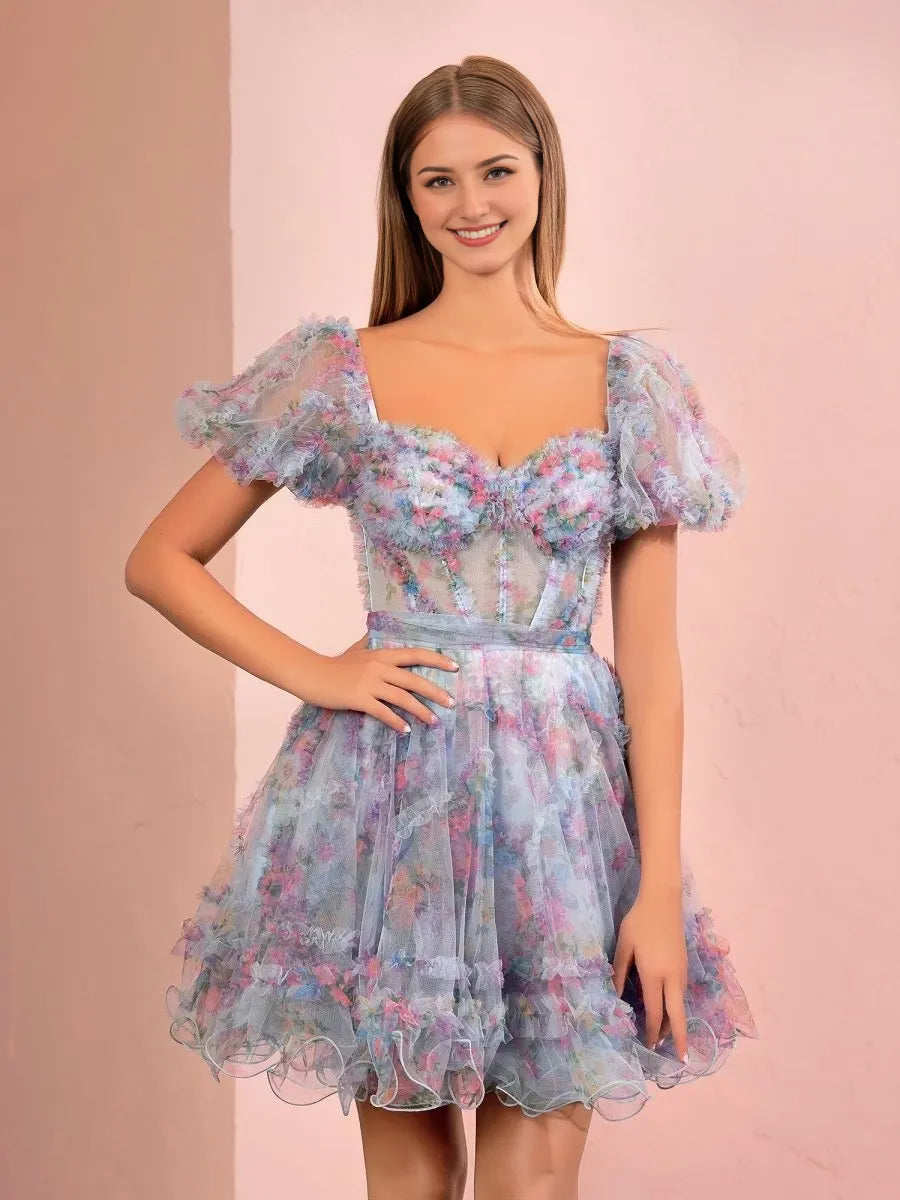 Sky Blue A Line Short Length Off the Shoulder Short Sleeves Short Printed Party Dresses Homecoming Dress Prom Dress