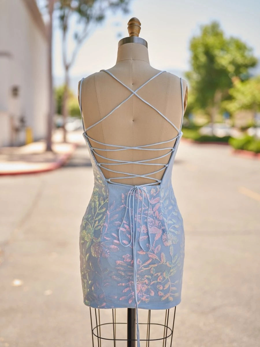 Sky Blue Bodycon V-Neckline Sleeveless Lace-Up Back Sequined Short Length Party Dresses Homecoming Dress Prom Dress