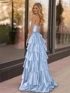 Sky Blue Strapless Satin Ruffle Sleeveless Tiered Beaded A Line Floor Length  Lace Up Back Party Dresses Homecoming Dress Prom Dress ﻿