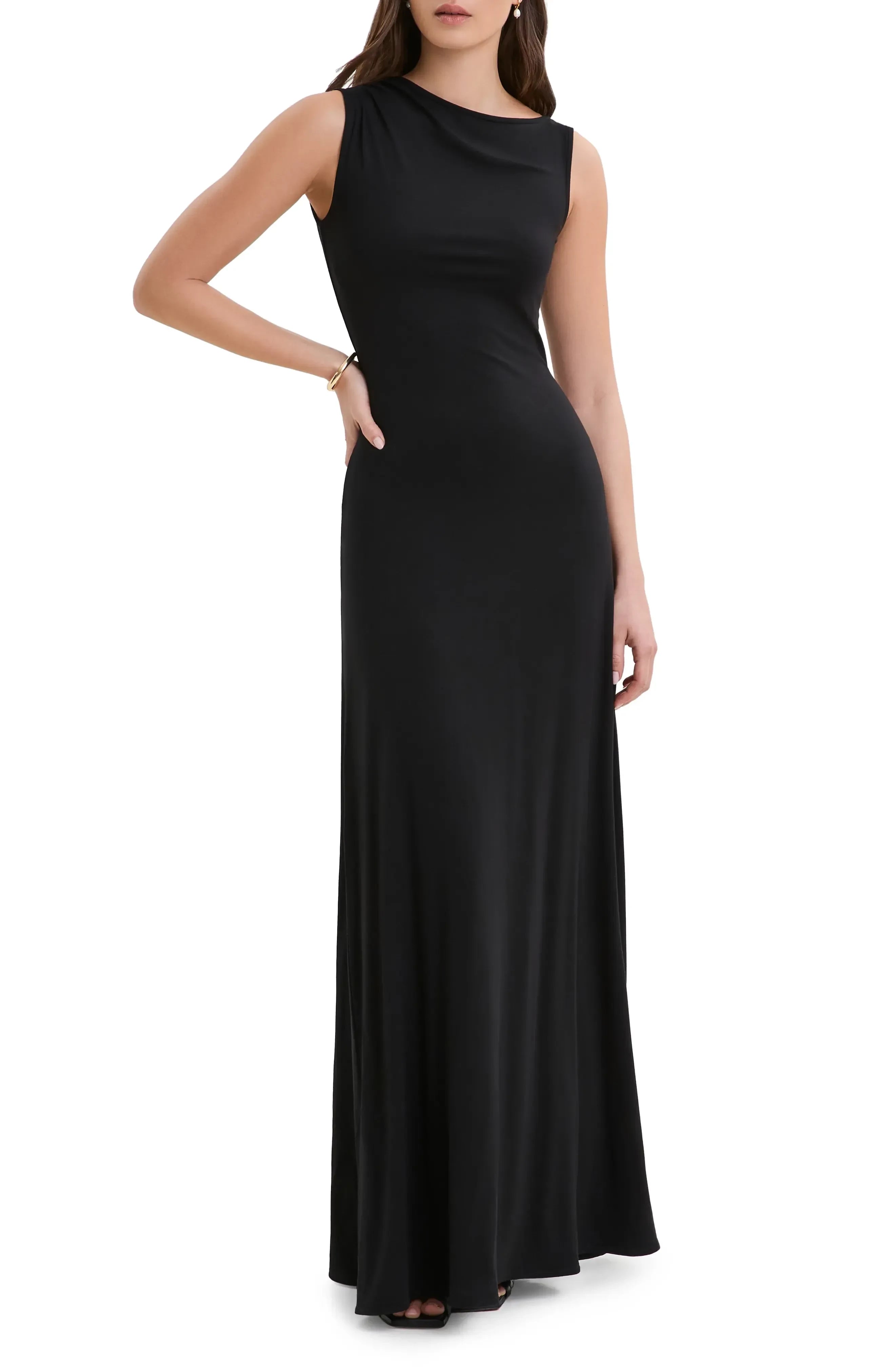 Sleek A Line Asymmetrical Neck Sleeveless Draped Back Floor Length Evening Dress