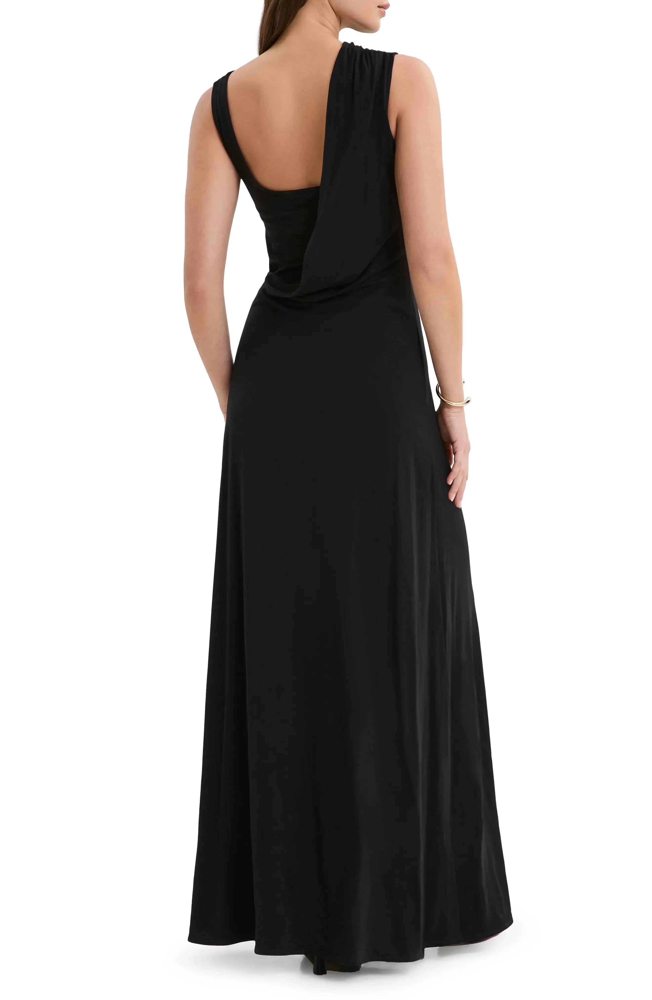 Sleek A Line Asymmetrical Neck Sleeveless Draped Back Floor Length Evening Dress