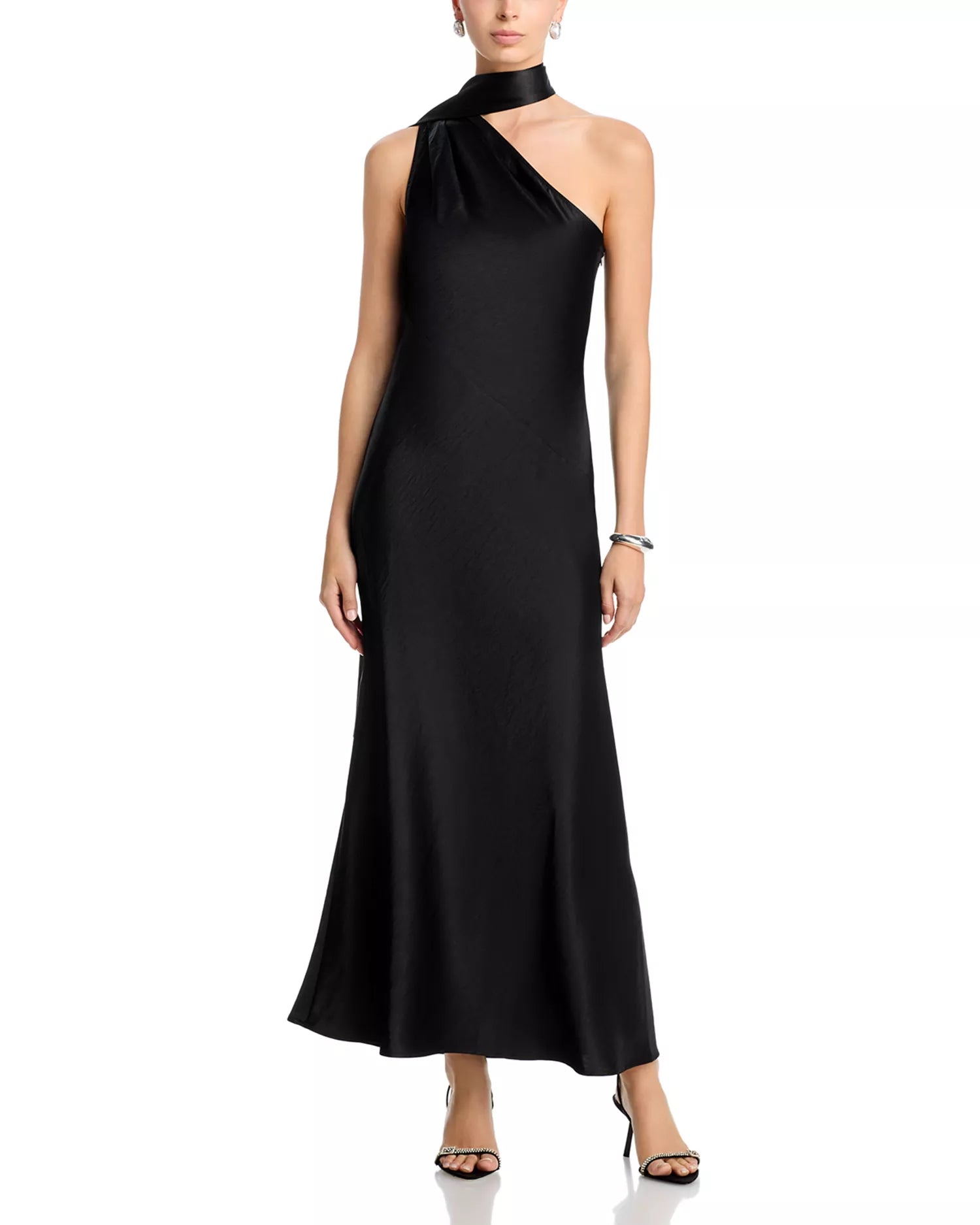 Sleek A Line Halter Neck One Sleeve Drape Back Midi Length For Women Prom Dress