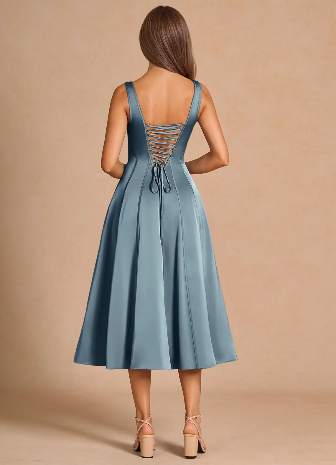 Sleek Fit and Flare Square Neck Sleeveless Lace Up Back Midi Length For Sale Prom Dress