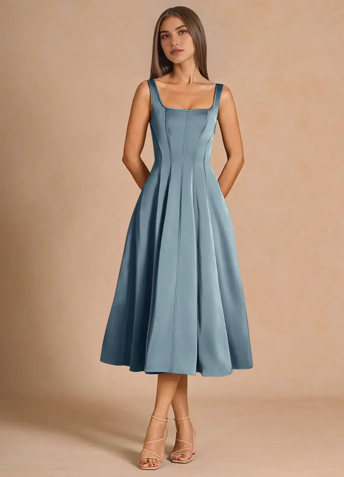 Sleek Fit and Flare Square Neck Sleeveless Lace Up Back Midi Length For Sale Prom Dress