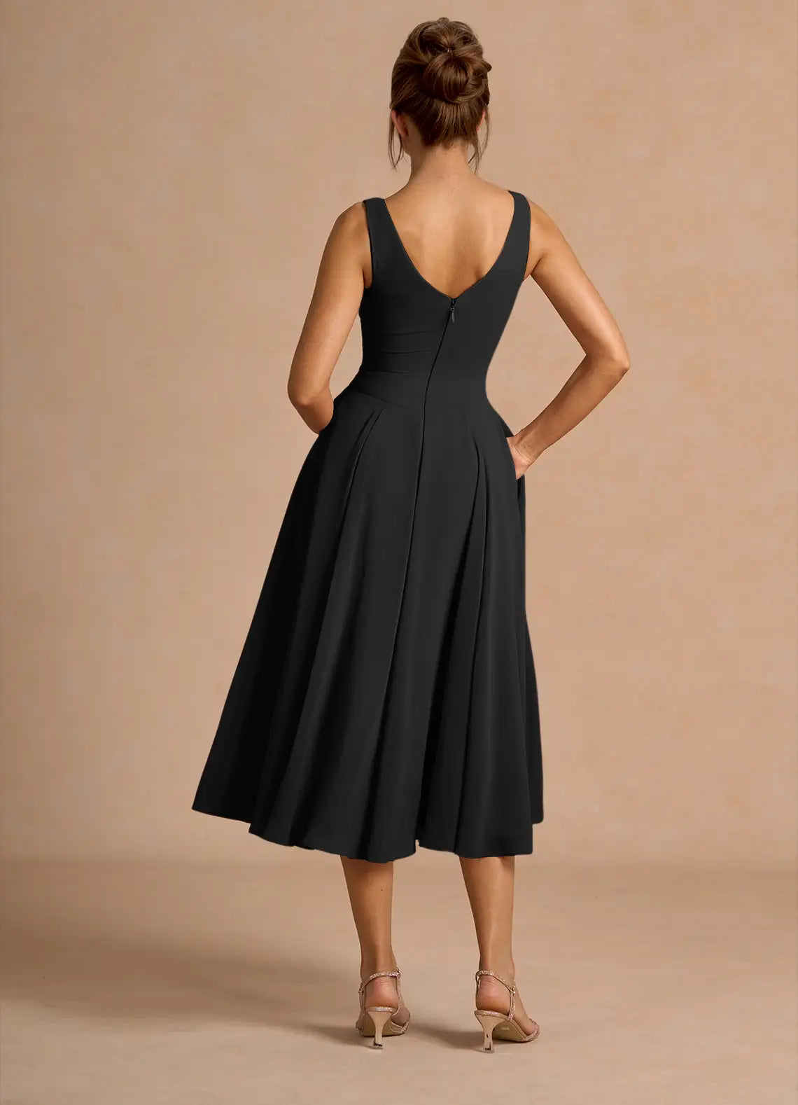 Sleek Fit and Flare V Neck Sleeveless V Back Midi Length For Adults Prom Dress