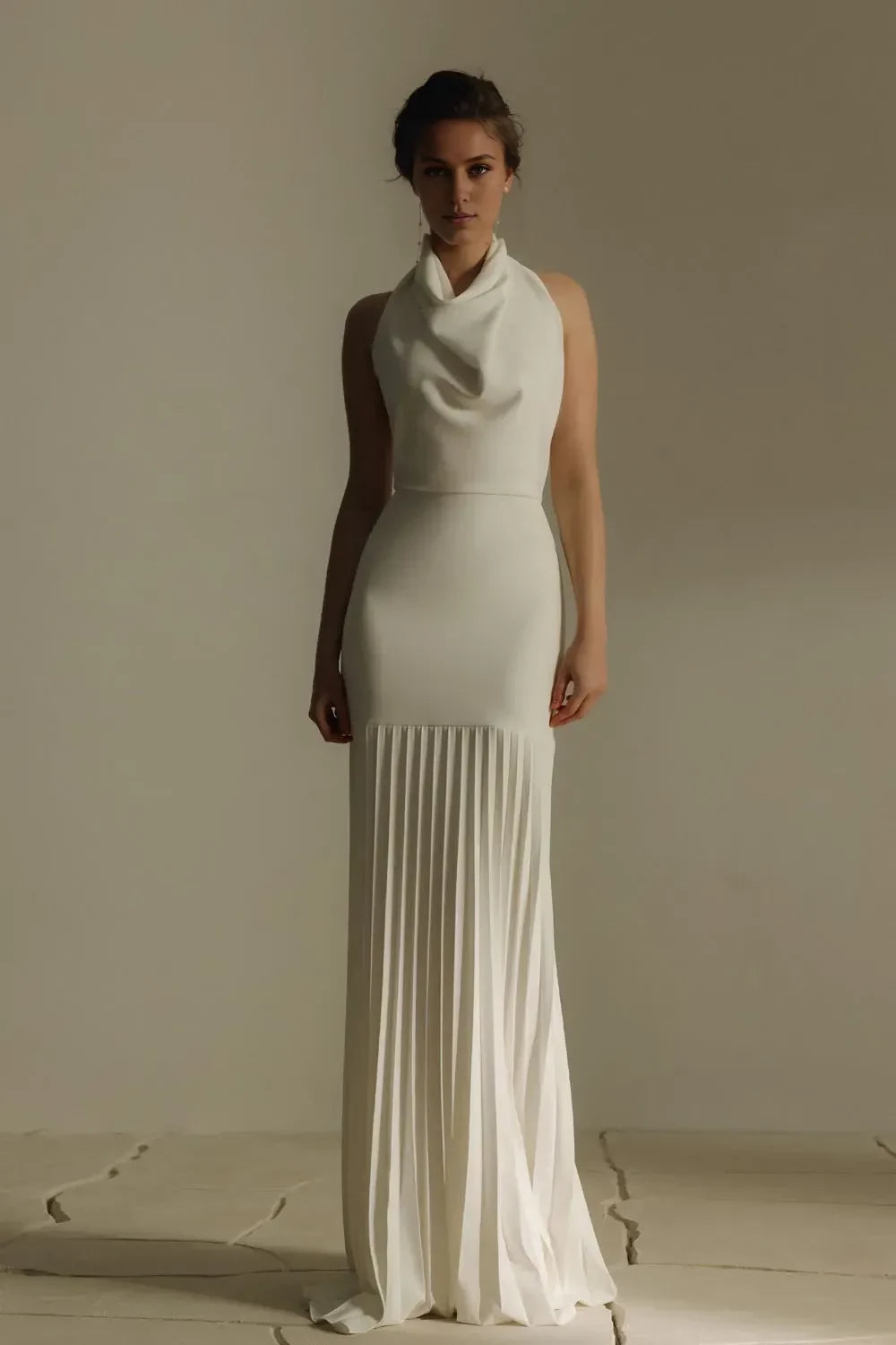 Sleek Halter Neck Sleeveless Open Back Train Length Wedding Dress