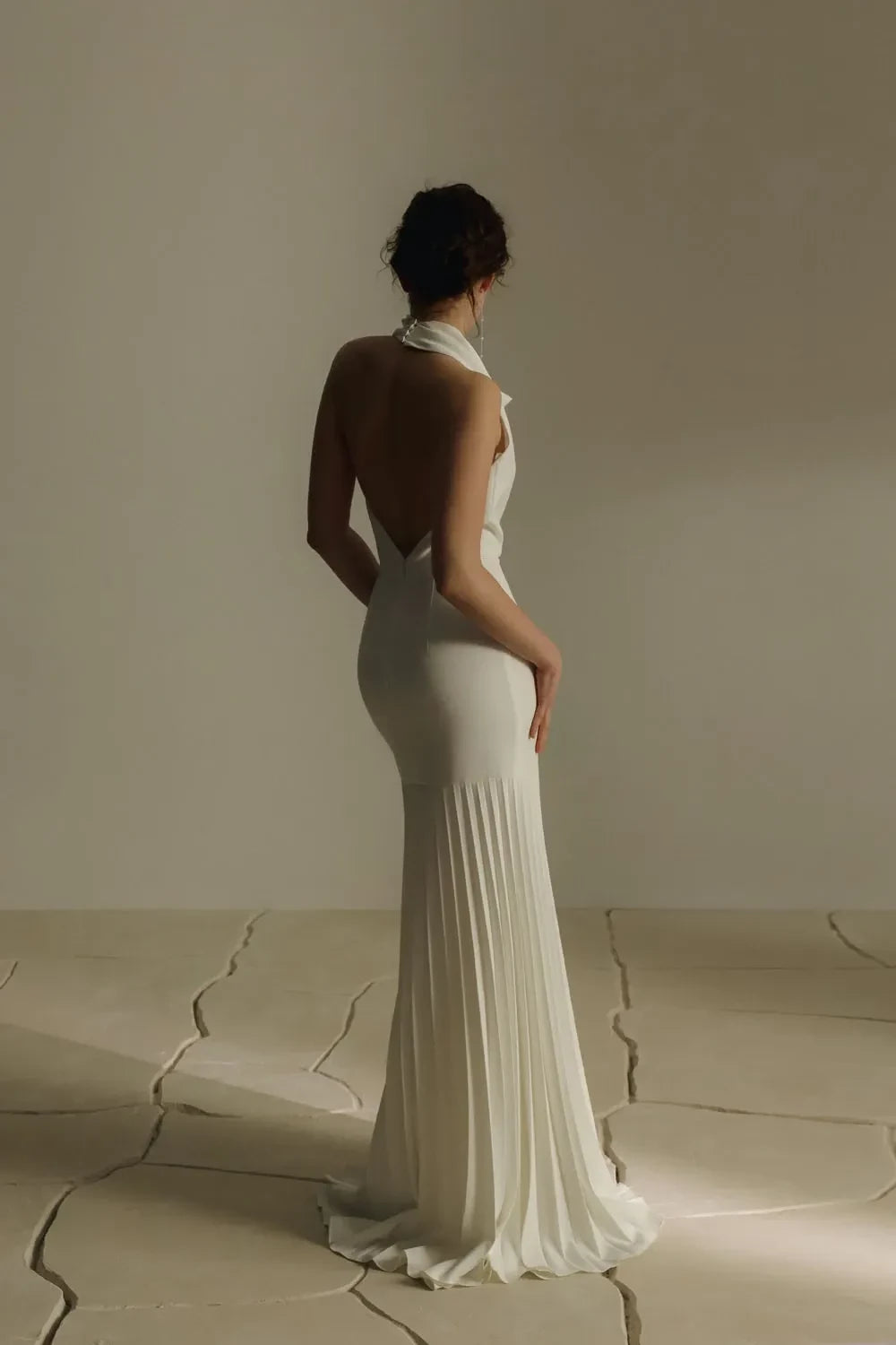Sleek Halter Neck Sleeveless Open Back Train Length Wedding Dress