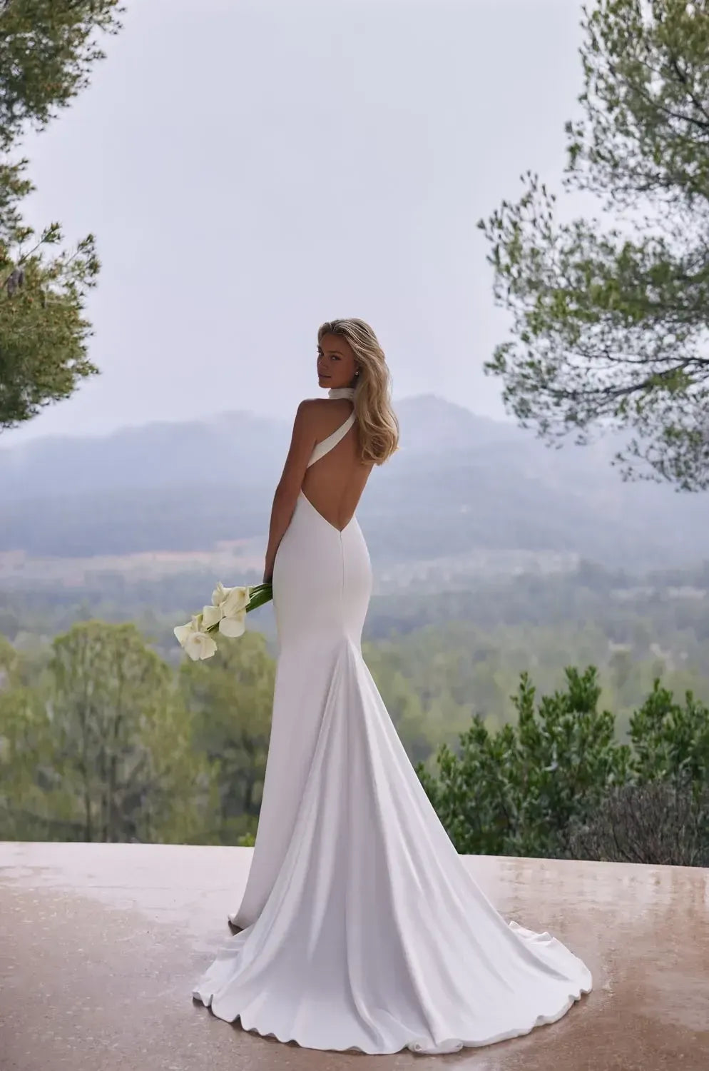 Sleek High Neck Mermaid Sleeveless Open Back Train Length Wedding Dress