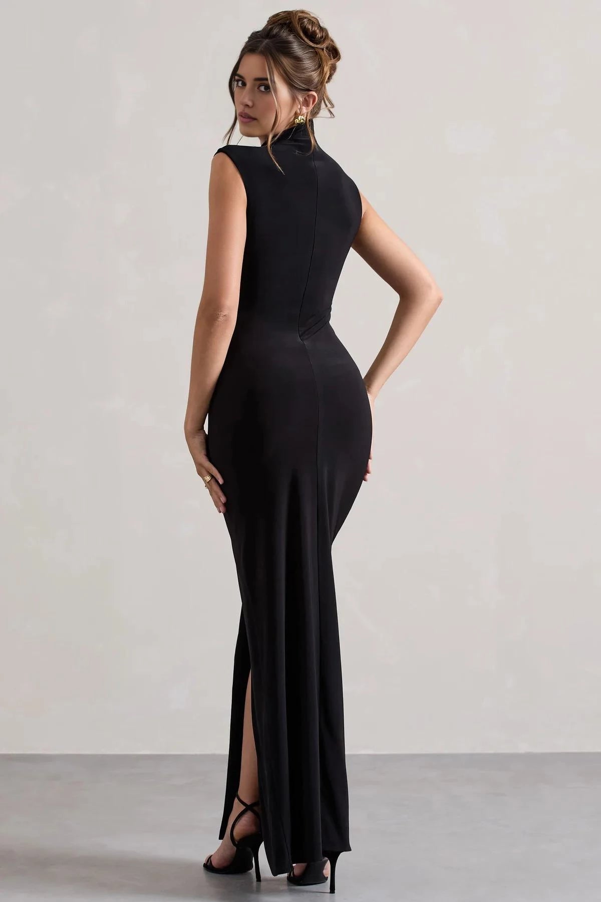 Sleek Mermaid Mock Neck Sleeveless Ruched Side High Slit Floor Length Evening Dress
