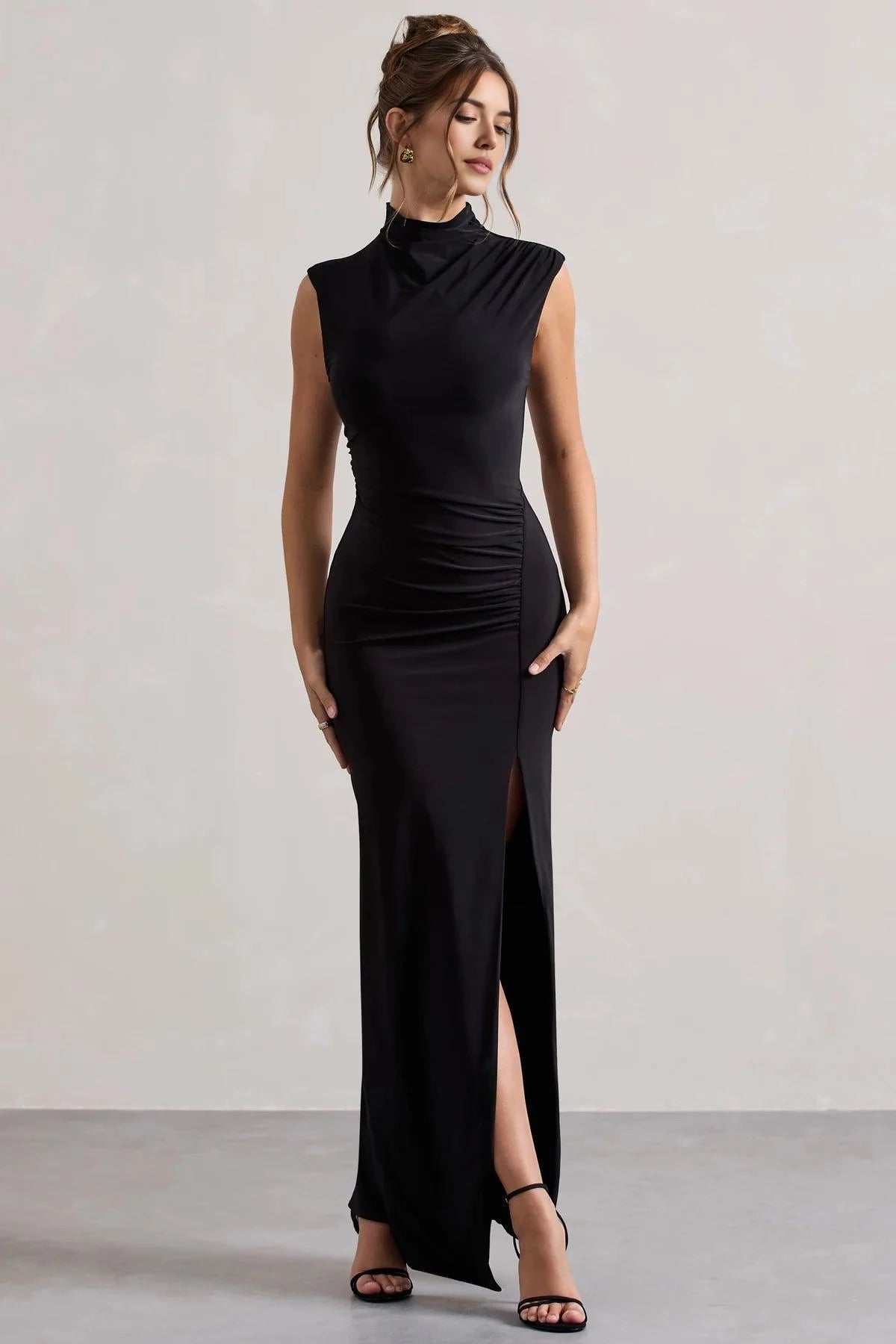 Sleek Mermaid Mock Neck Sleeveless Ruched Side High Slit Floor Length Evening Dress