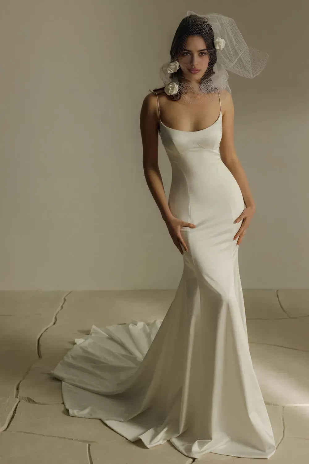 Sleek Mermaid Scoop Neck Sleeveless Zip Back Train Length Wedding Dress