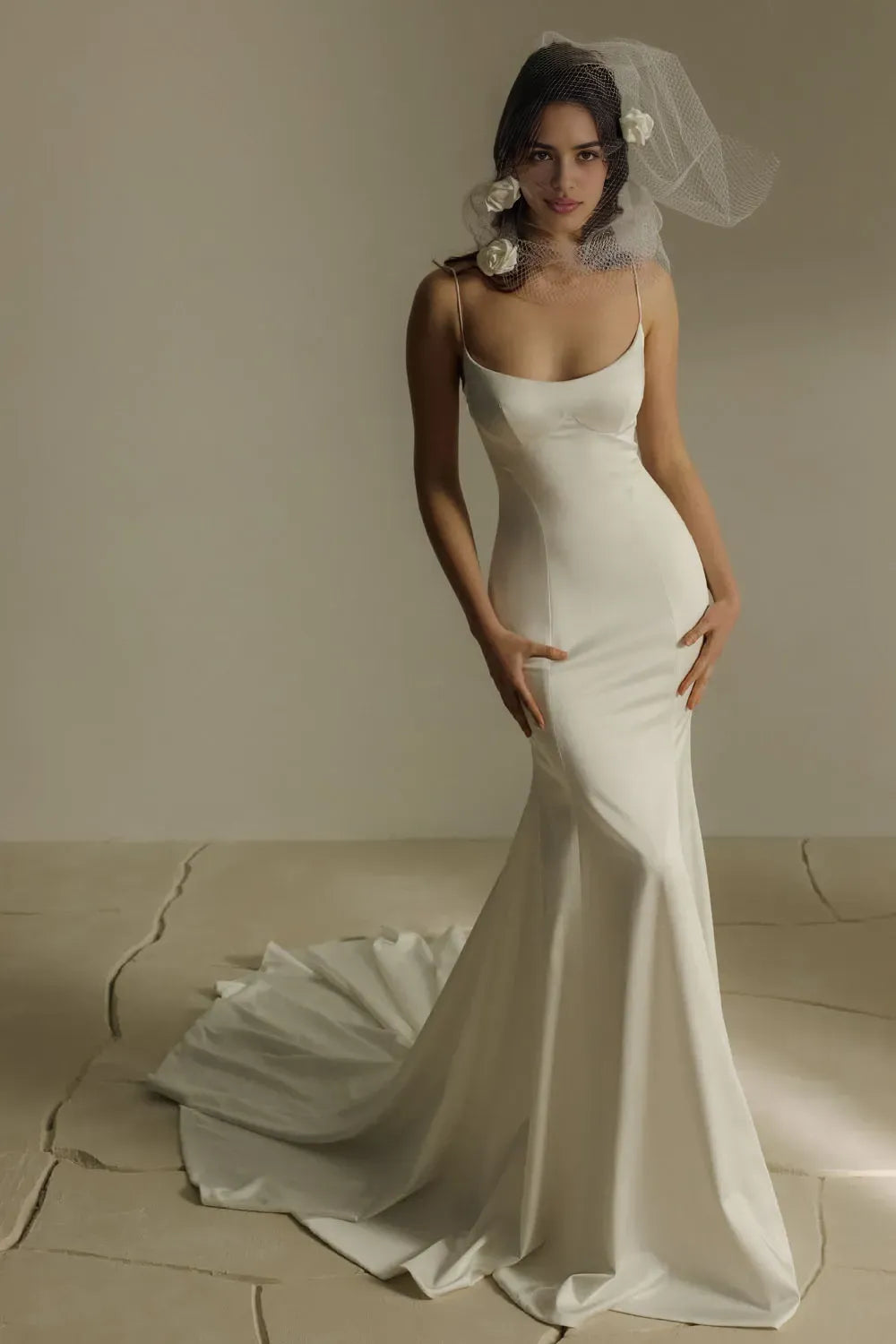 Sleek Mermaid Scoop Neck Sleeveless Zip Back Train Length Wedding Dress