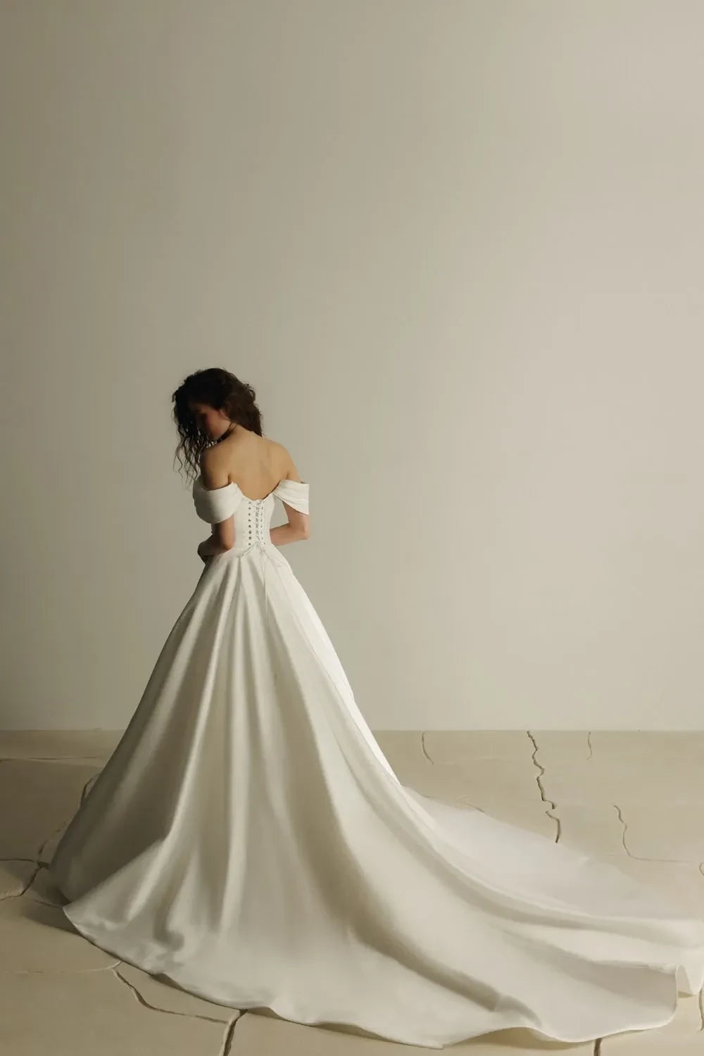 Sleek Off Shoulder Ball Gown Short Sleeve Lace Up Back Train Length Wedding Dress