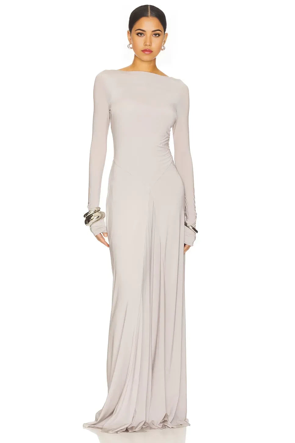 Sleek Sheath Boat Neck Long Sleeve Knot Back Floor Length Evening Dress