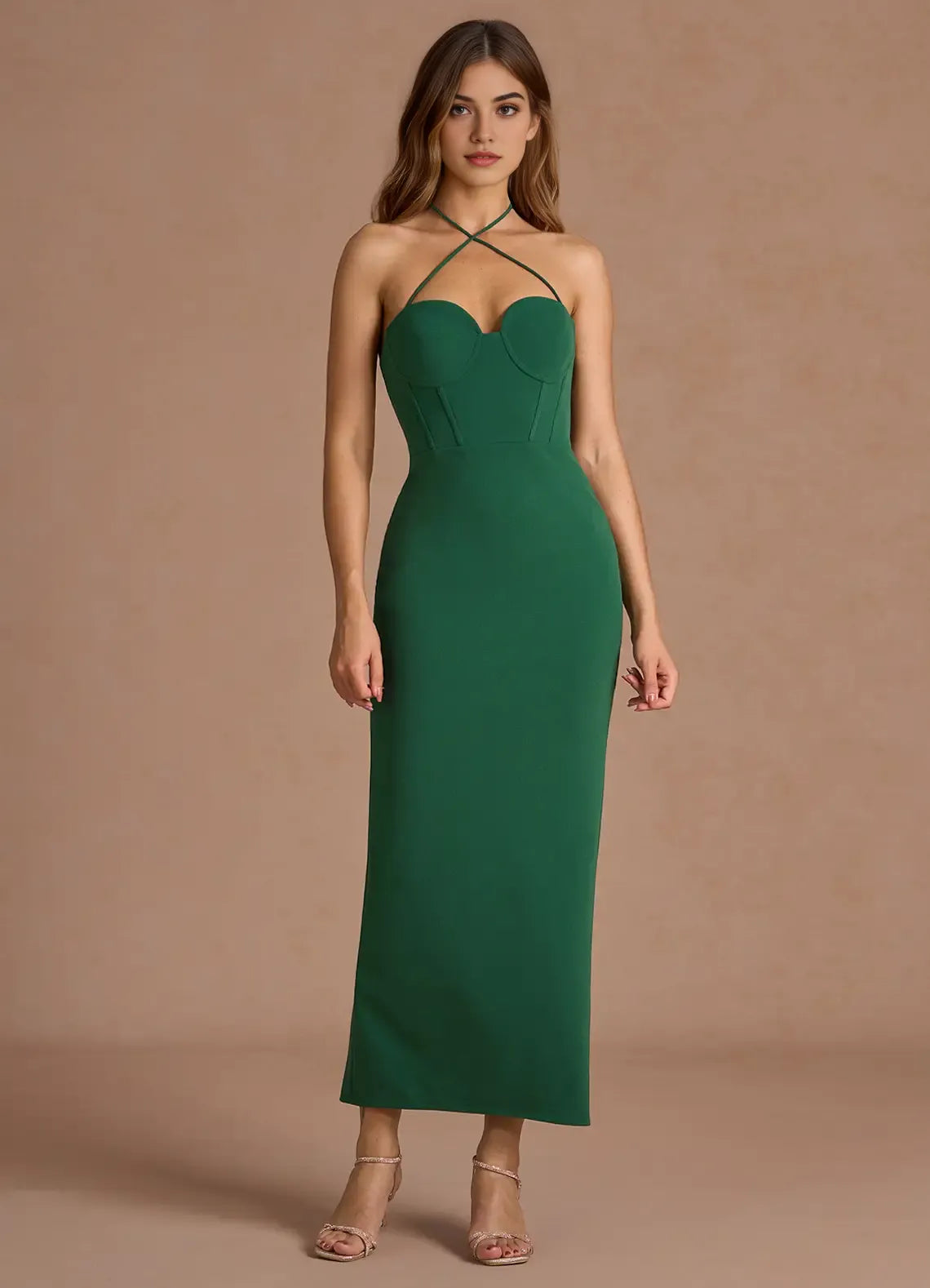Sleek Sheath Cross Halter Neck Sleeveless Open Back Midi Length Female Prom Dress