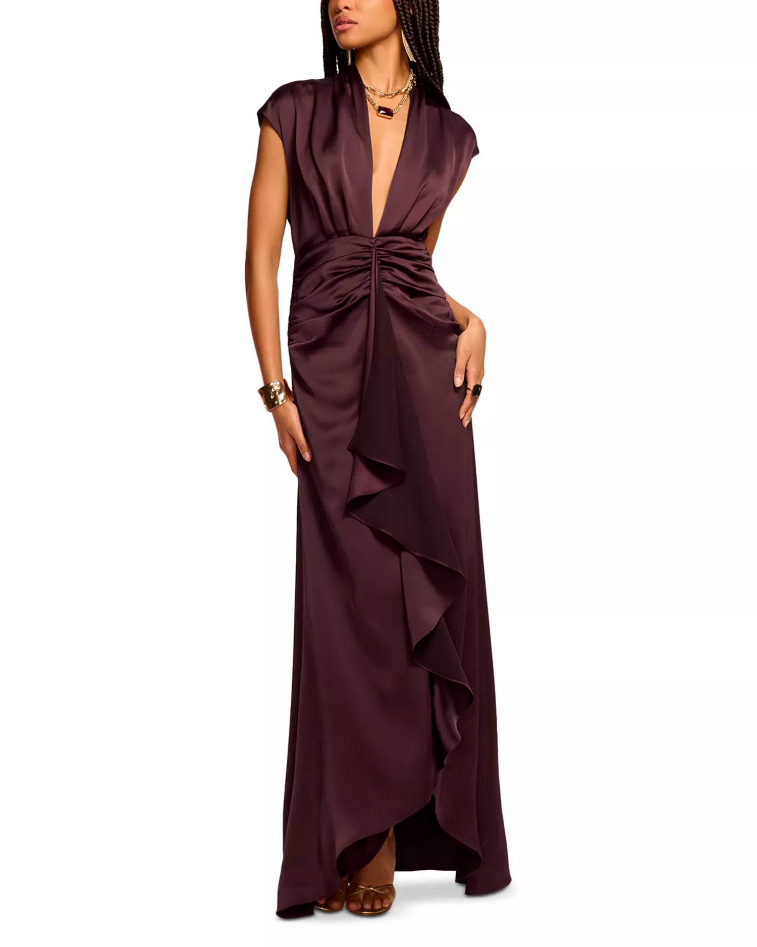 Sleek Sheath Deep V Neck Cap Sleeve Keyhole Back Floor Length For Adults Prom Dress