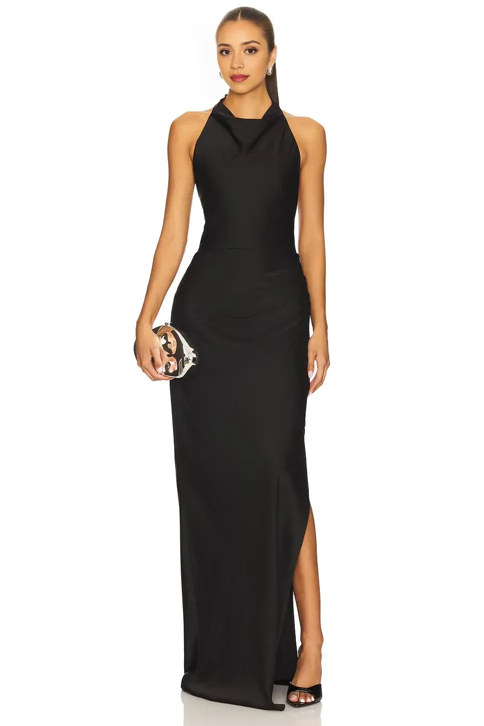 Sleek Sheath Halter Neck Sleeveless Tie Back High Slit Floor Length Evening Dress