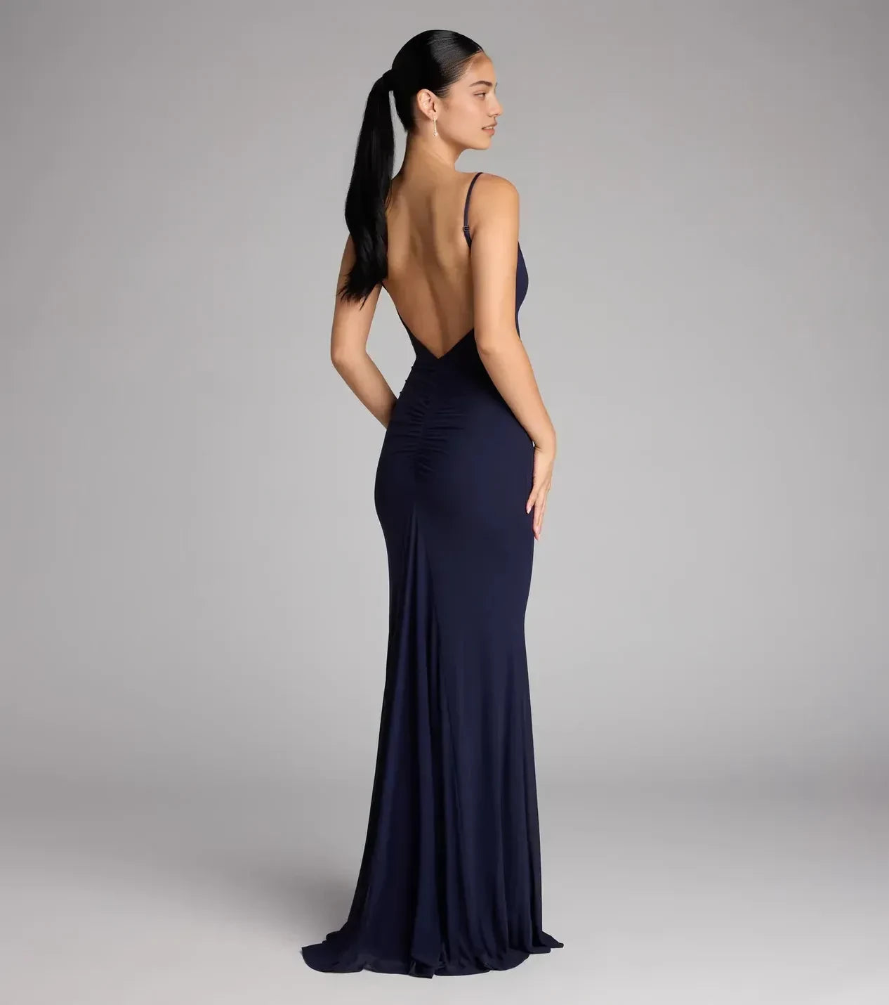 Sleek Trumpet Cowl Neck Spaghetti Strap Open Back Floor Length Prom Dress