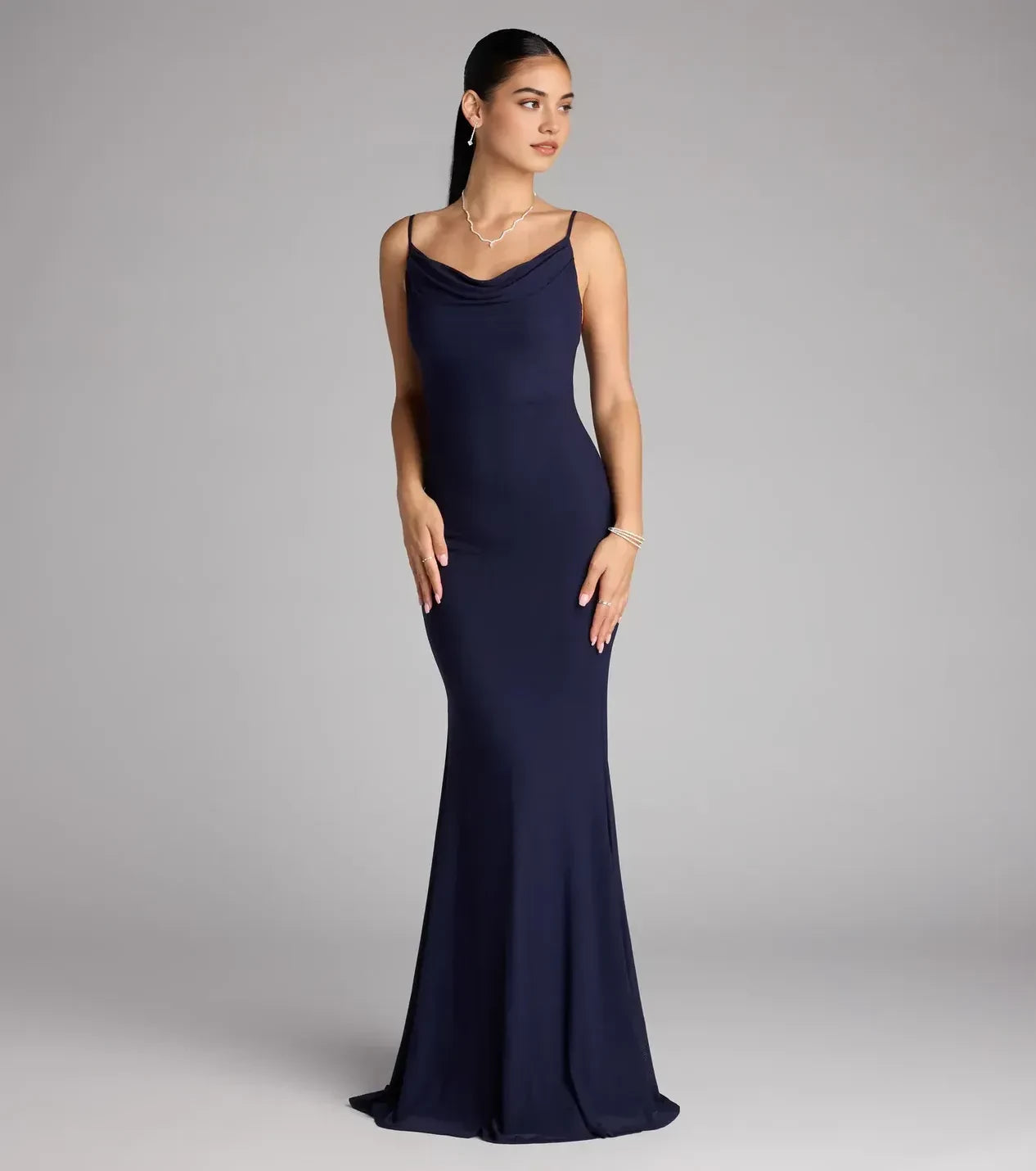 Sleek Trumpet Cowl Neck Spaghetti Strap Open Back Floor Length Prom Dress