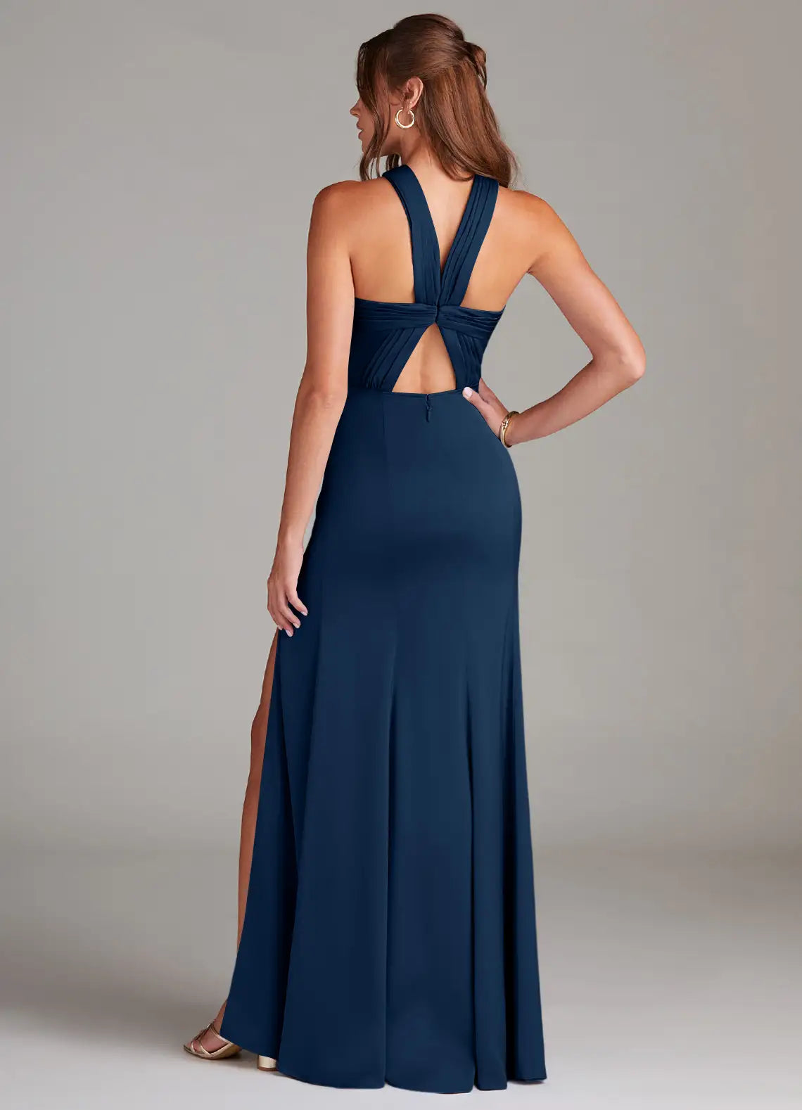 Sleek Trumpet Cross Halter Neck Sleeveless Cut Out Twist Back Floor Length Female Prom Dress