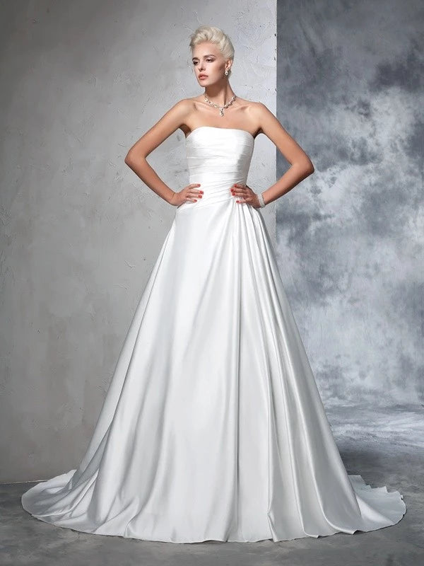 Sleeveless Chapel Train Ball Gown Satin Strapless With Ruched Wedding Dresses