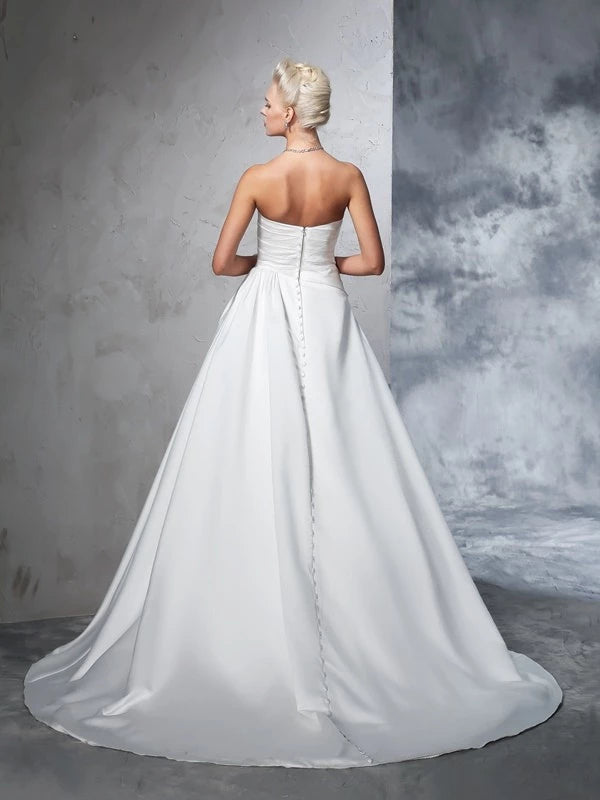 Sleeveless Chapel Train Ball Gown Satin Strapless With Ruched Wedding Dresses