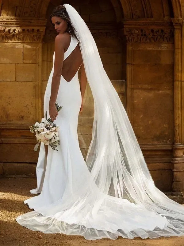 Sleeveless Column Stretch Crepe Halter Sweep Train Wedding Dresses