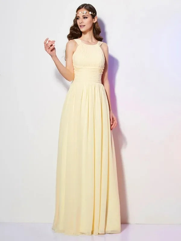 Sleeveless Floor-Length Chiffon Bateau With Pleats Bridesmaid Dresses Evening Dress