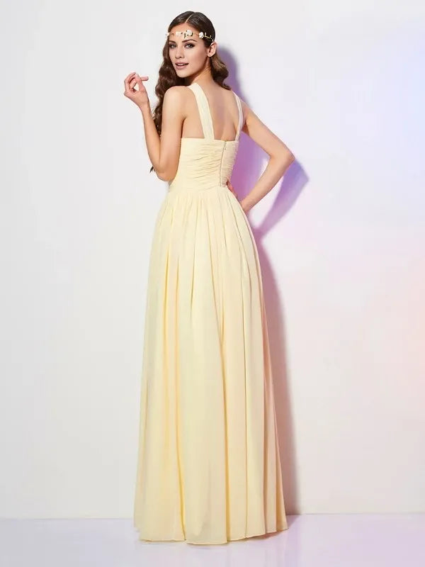 Sleeveless Floor-Length Chiffon Bateau With Pleats Bridesmaid Dresses Evening Dress