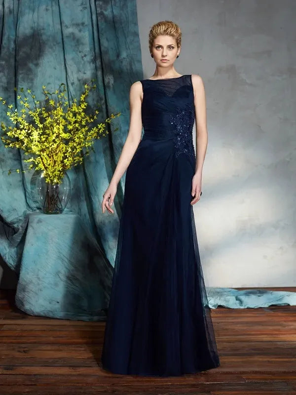 Sleeveless Floor-Length Sheath Net Bateau With Applique Mother of the Bride Dresses