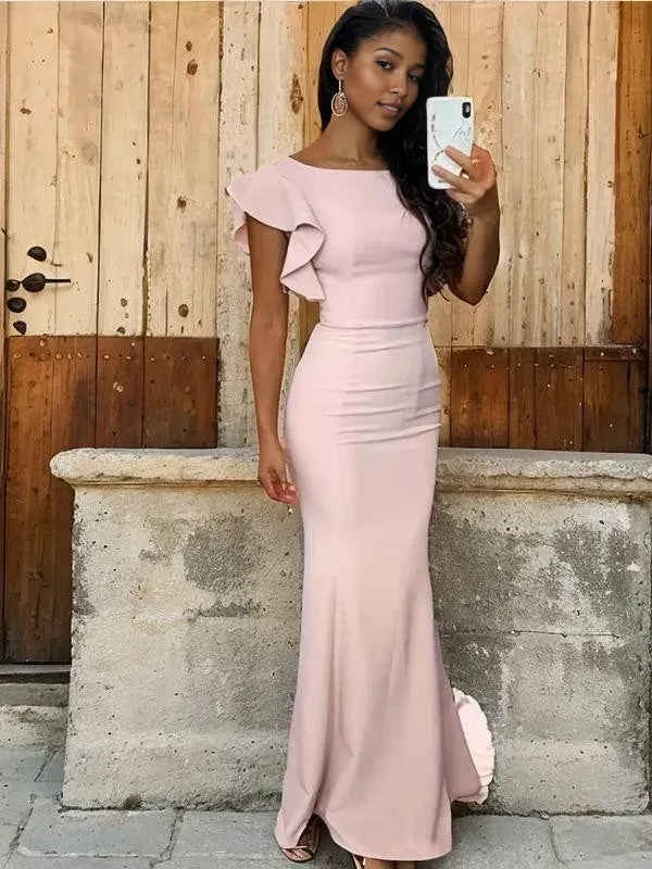 Sleeveless Scoop Sheath Ruched Stretch Crepe Sweep Train Bridesmaid Dresses