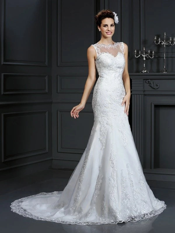 Sleeveless Sheath Satin Bateau Court Train With Lace Wedding Dresses