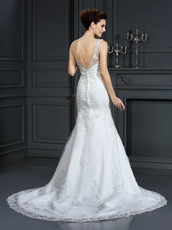 Sleeveless Sheath Satin Bateau Court Train With Lace Wedding Dresses
